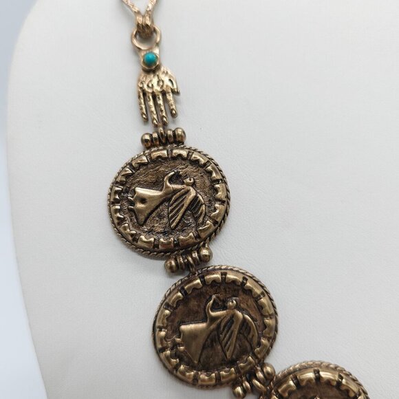 Vintage Designer Gold Tone Coin Necklace With Angel Motif Turquoise Accents - Picture 3 of 11